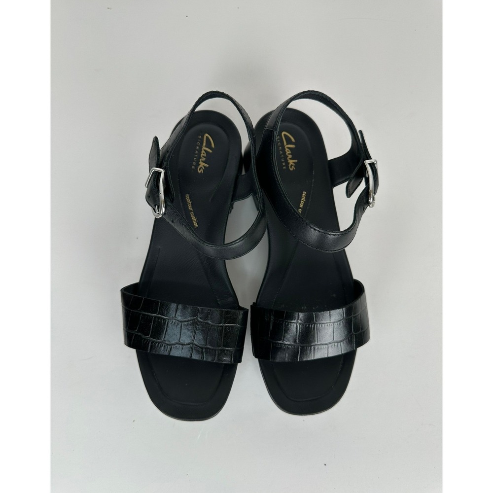 Clarks Signature Black Leather Platform Sandals Block Heel Sz 8M Y2K Ankle Strap - Picture 4 of 11